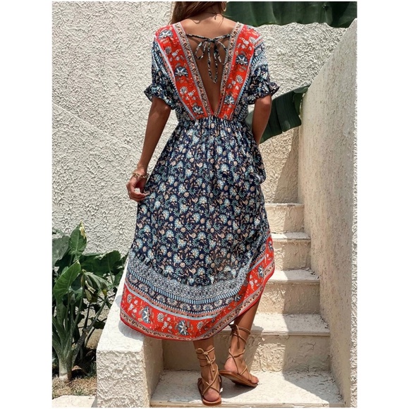 Boho Floral Paisley Print High Low Midi Dress - Picture 2 of 5